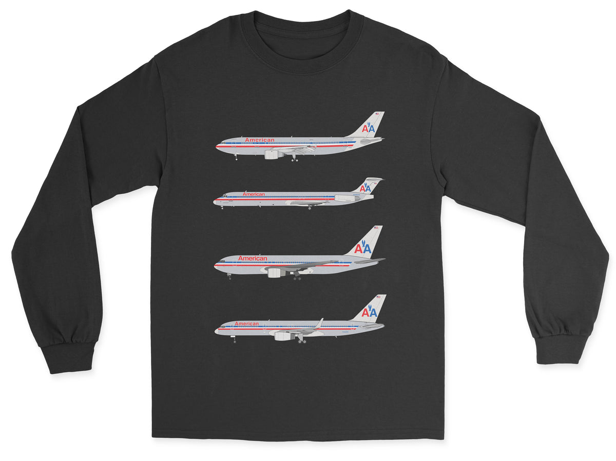 American Airlines A300, MD-80, B767, B757 Unisex Long Sleeve T-Shirt - Black
