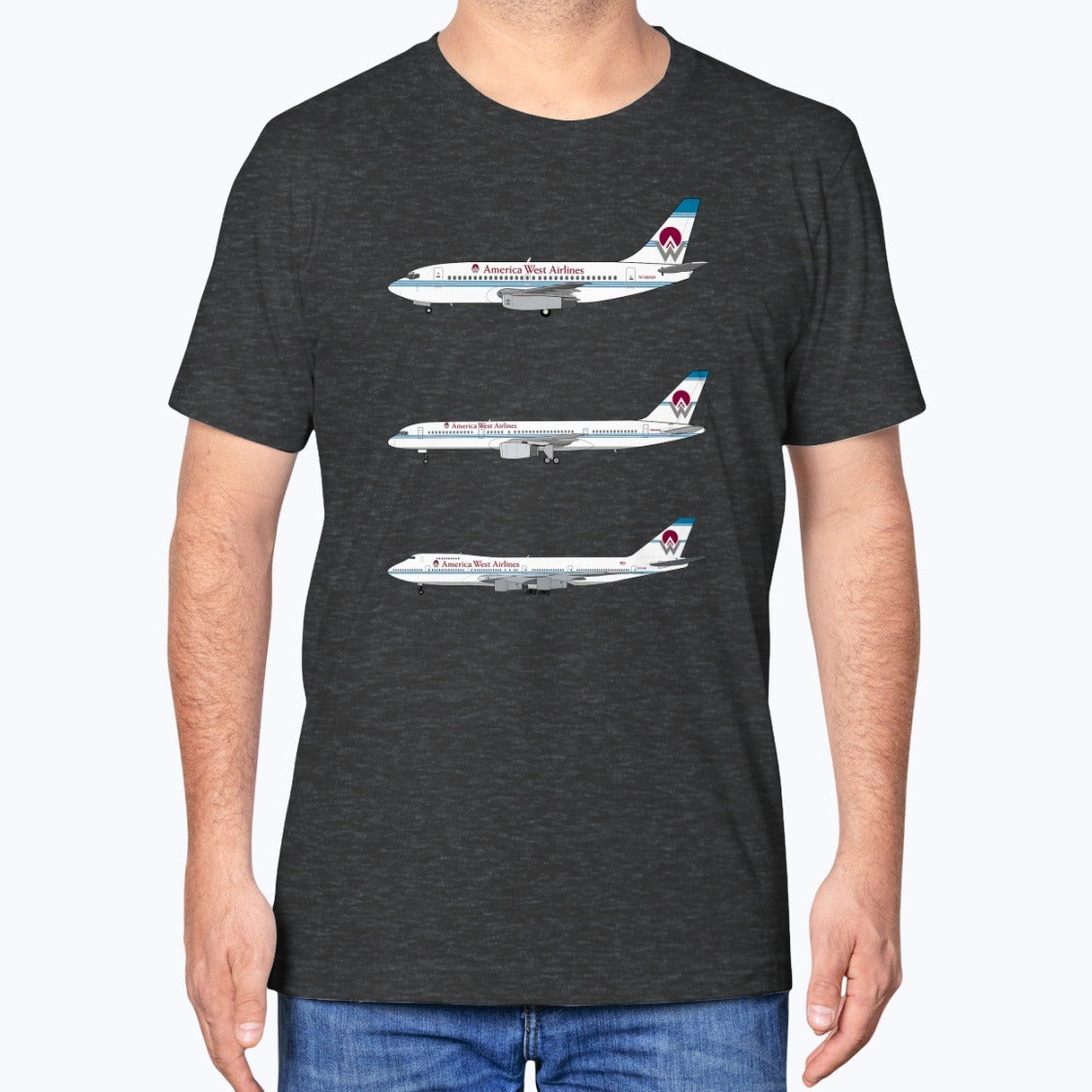 America West Airlines B737, B757, B747 Unisex T-Shirt - Dark Grey Heather - Model