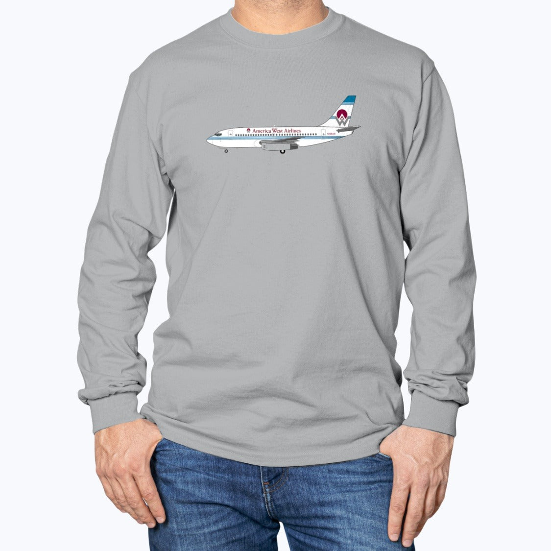 America West Airlines B737 Unisex Long Sleeve T-Shirt - Sport Grey - Model