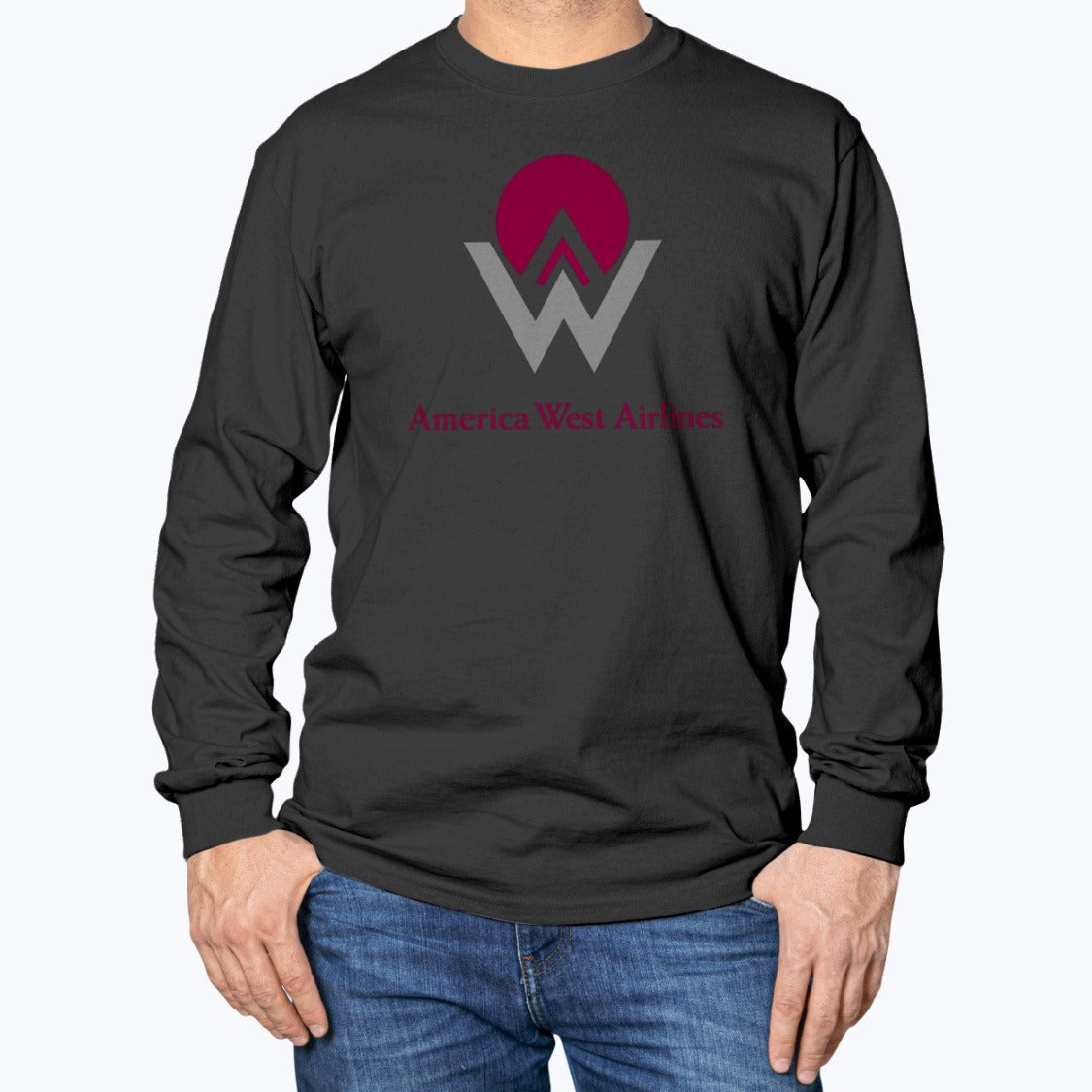 America West Airlines Unisex Long Sleeve T-Shirt - Black - Model
