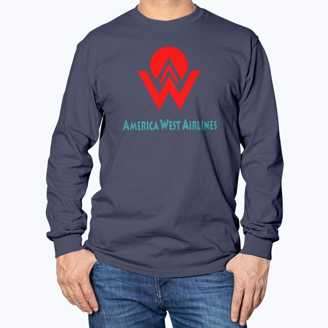 America West Airlines Unisex Long Sleeve T-Shirt - Navy - Model
