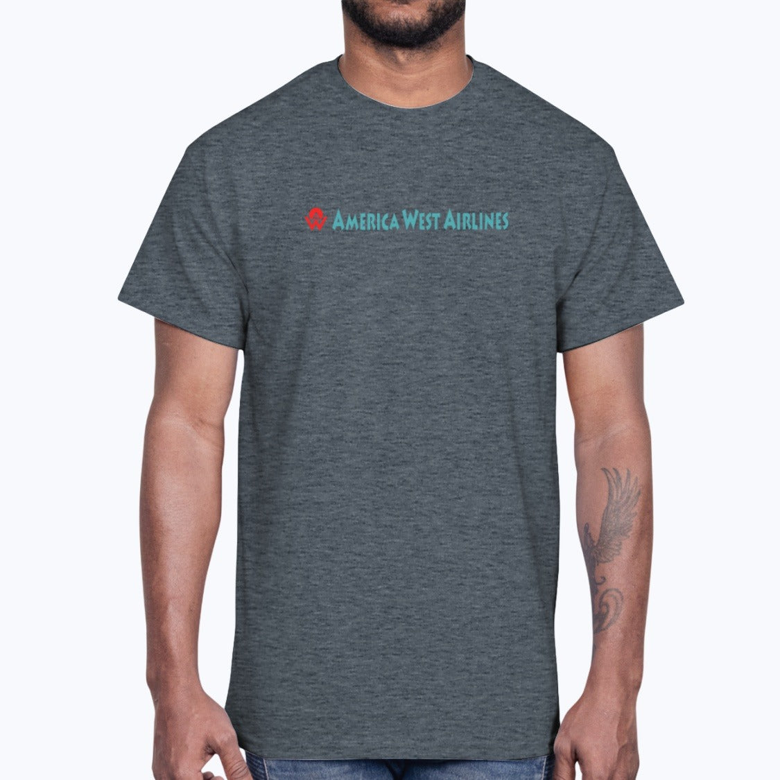 America West Airlines Unisex T-Shirt - Dark Heather - Model
