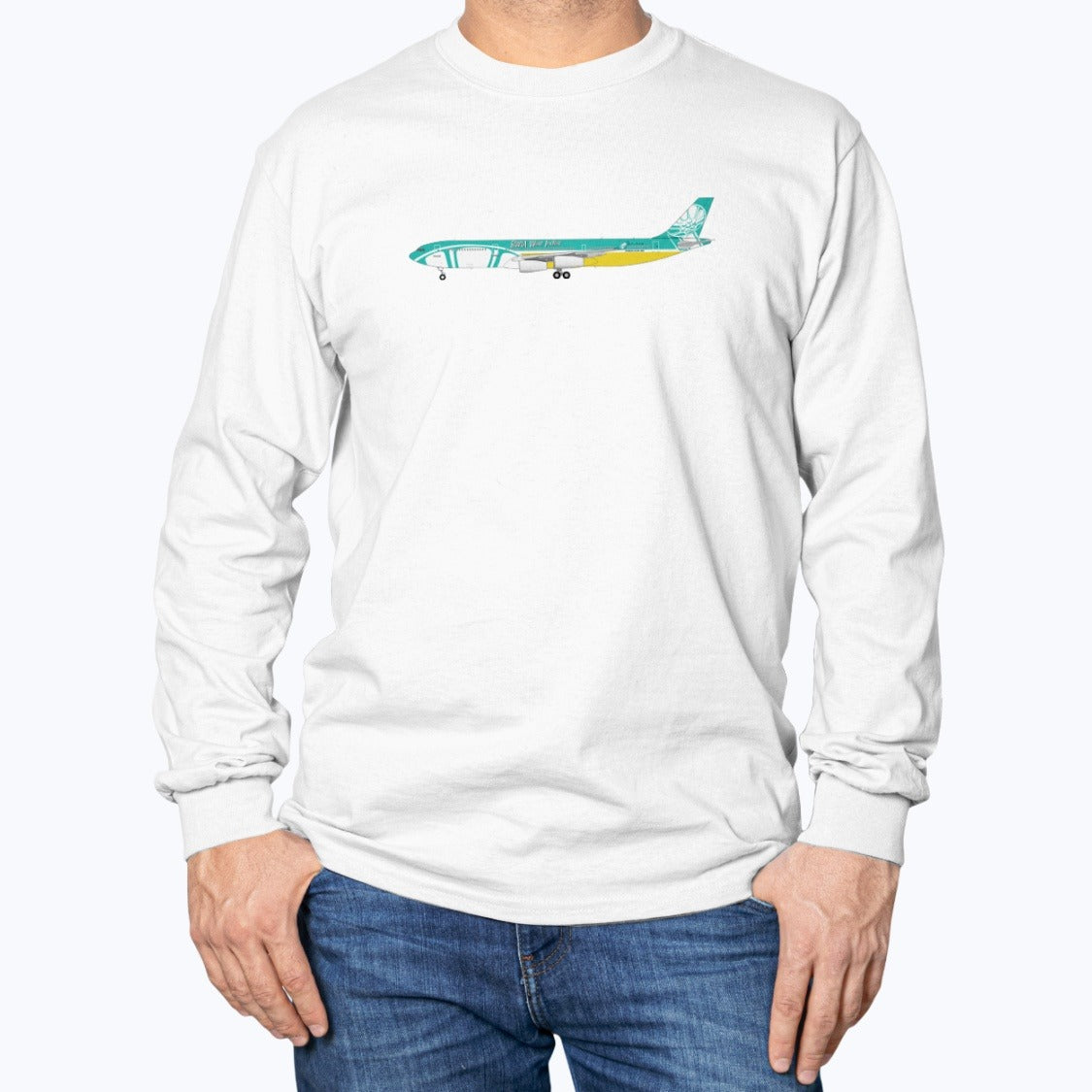 BWIA West Indies Airways A340 Unisex Long Sleeve T-Shirt - White - Model