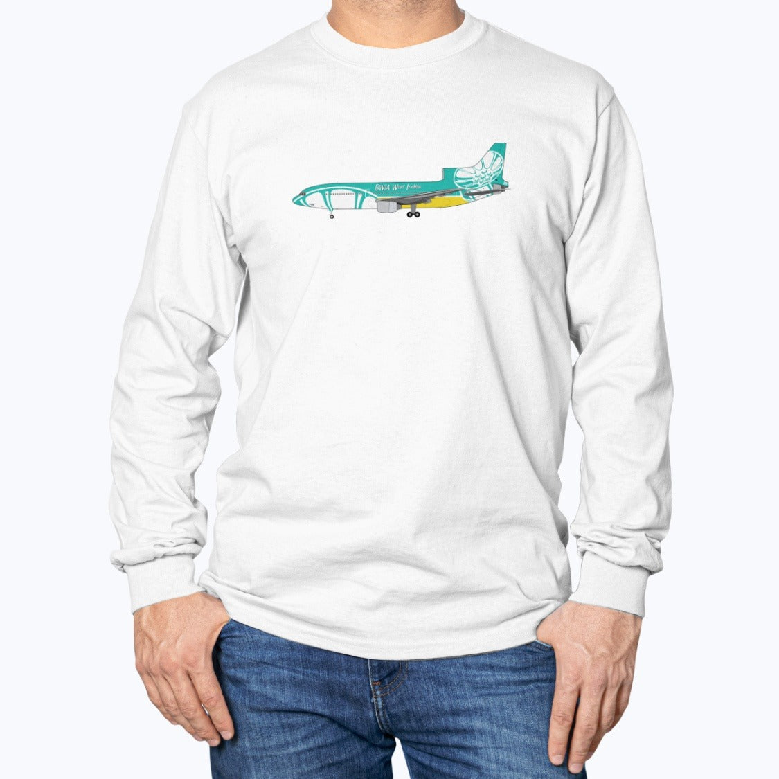 BWIA West Indies Airways Lockheed L-1011 Unisex Long Sleeve T-Shirt - White - Model