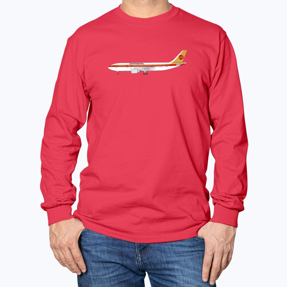 Continental Airlines A300 Unisex Long Sleeve T-Shirt - Red - Model