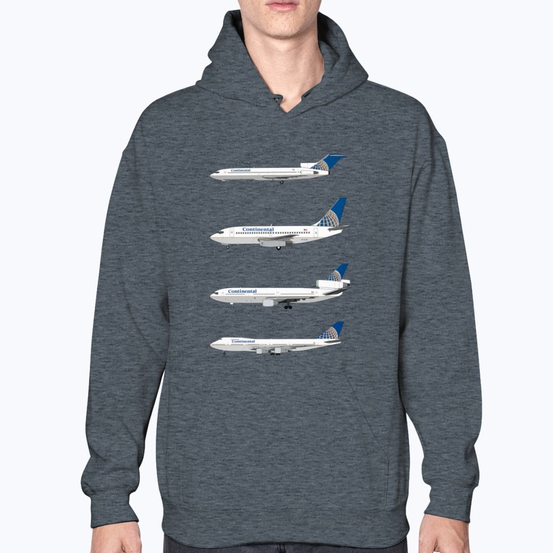 Continental Airlines B727, B737-200, DC-10, B747-200B Unisex Hoodie - Dark Heather - Model