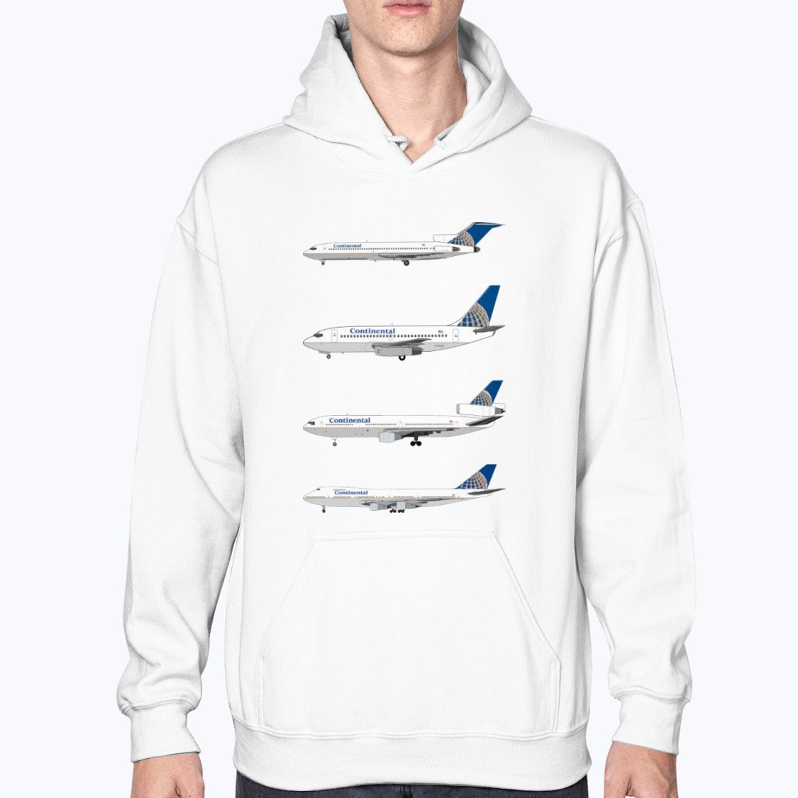 Continental Airlines B727, B737-200, DC-10, B747-200B Unisex Hoodie - White - Model