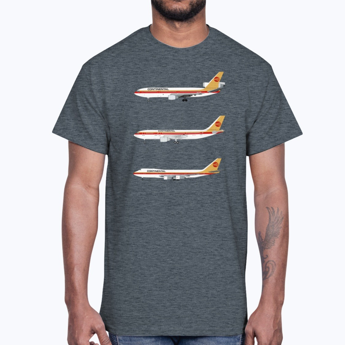 Continental Airlines DC-10, A300, B747-100 Unisex T-Shirt - Dark Heather - Model