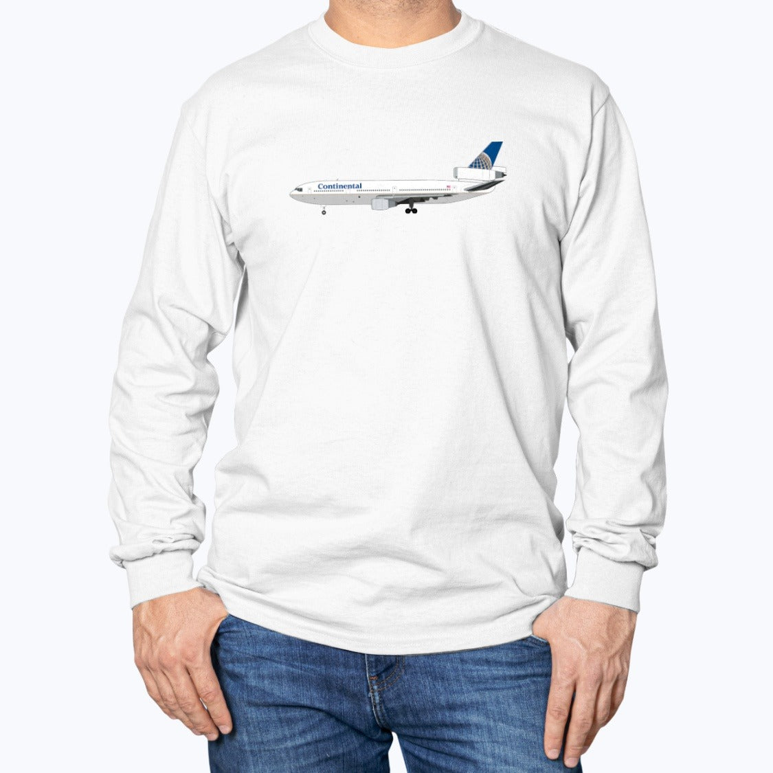 Continental Airlines McDonnell Douglas DC-10 Unisex Long Sleeve T-Shirt - White - Model