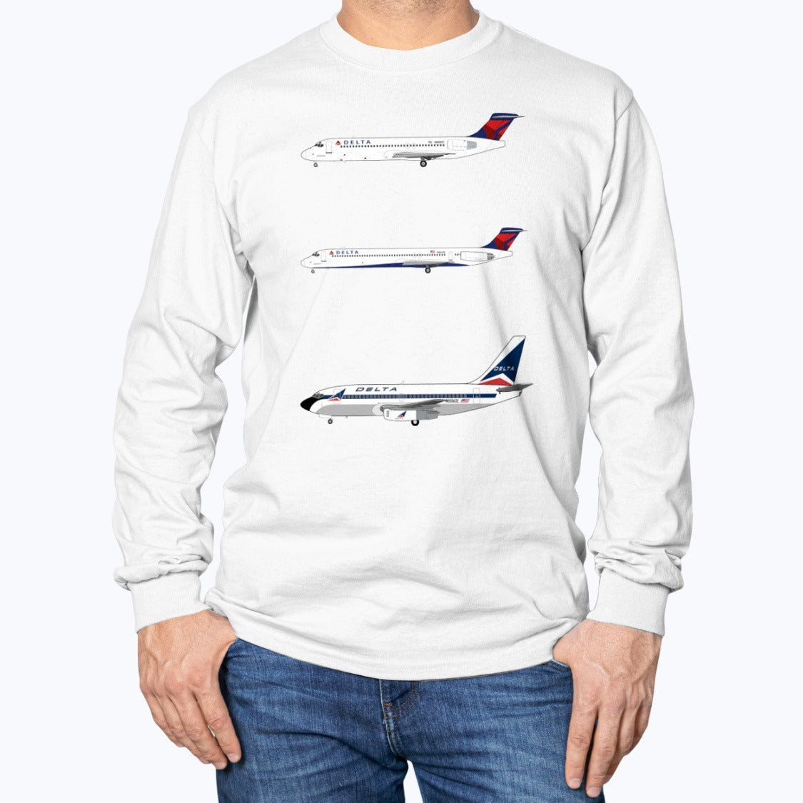 Delta Air Lines B737-200, MD-88, B717 Unisex Long Sleeve T-Shirt - White - Model