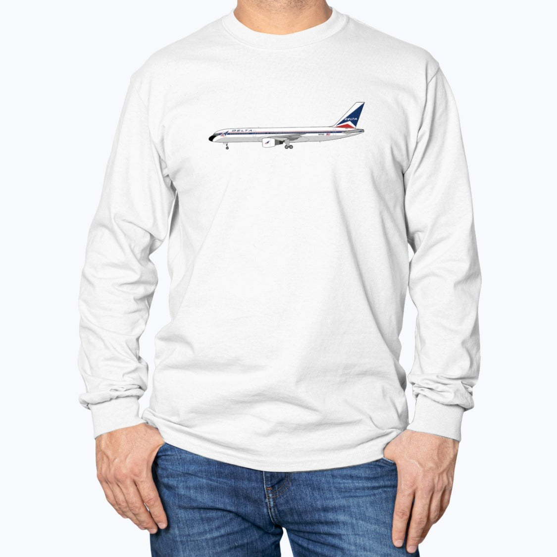 Delta Air Lines B757-200 Unisex Long Sleeve T-Shirt - White - Model