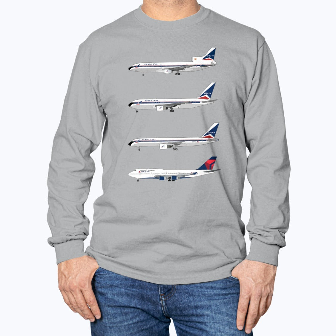 Delta Air Lines L-1011, B767, B757, B747-400 Unisex Long Sleeve T-Shirt - Sport Grey - Model