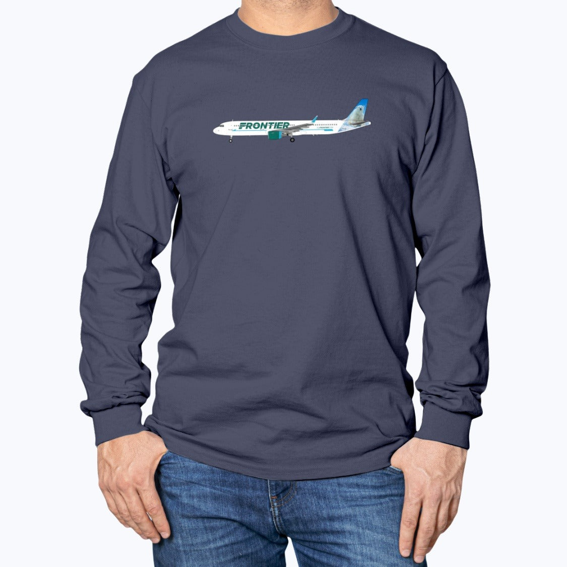 Frontier Airlines Airbus A321 Unisex Long Sleeve T-Shirt - Navy - Model