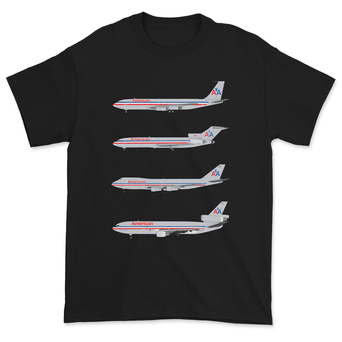 American Airlines B707, B727, B747, DC-10 Unisex T-Shirt - Black