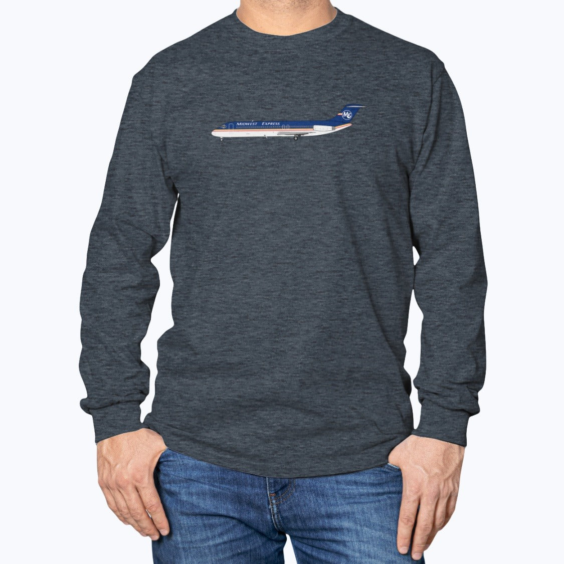 Midwest Airlines DC-9 Unisex Long Sleeve T-Shirt - Dark Heather - Model