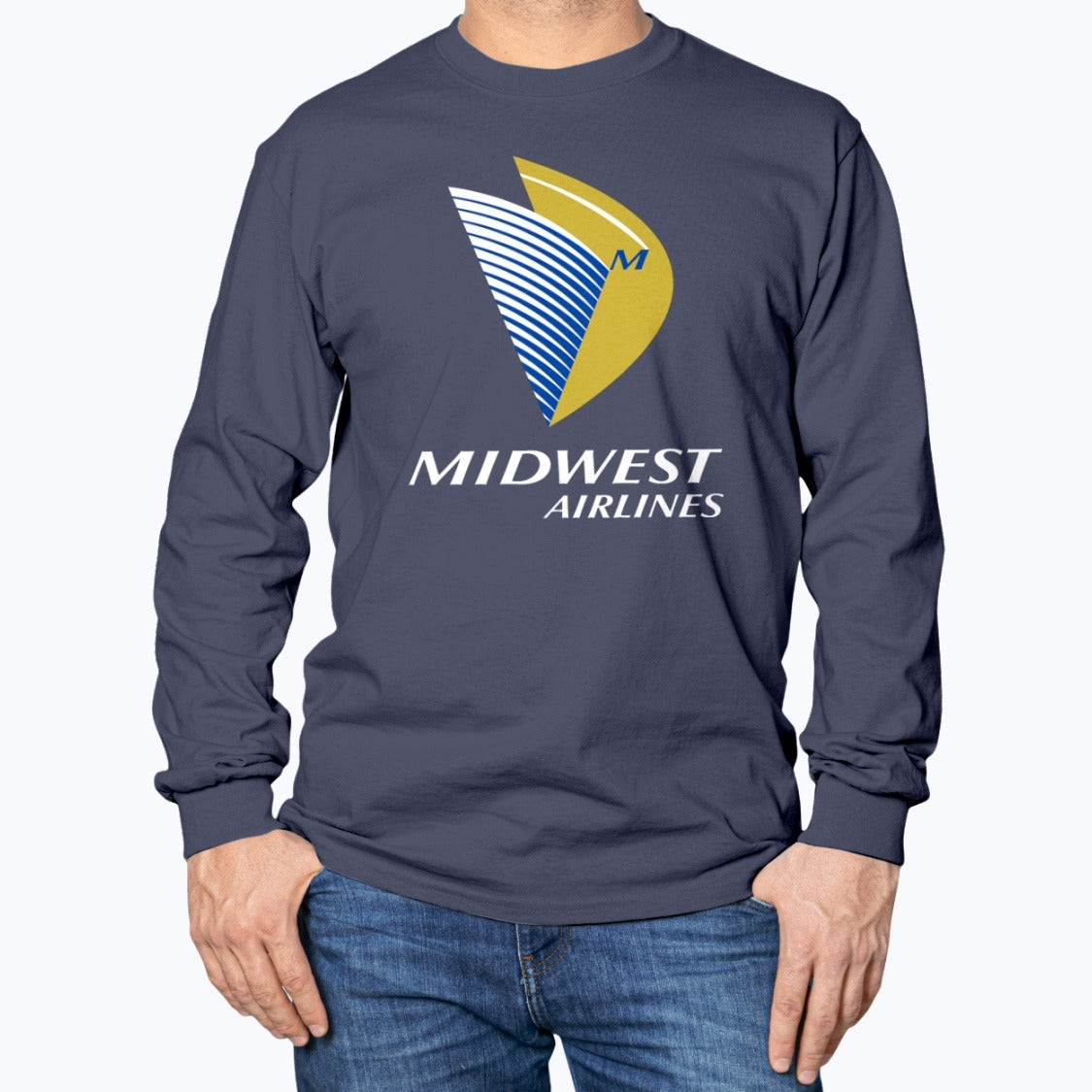 Midwest Airlines Unisex Long Sleeve T-Shirt - Navy - Model