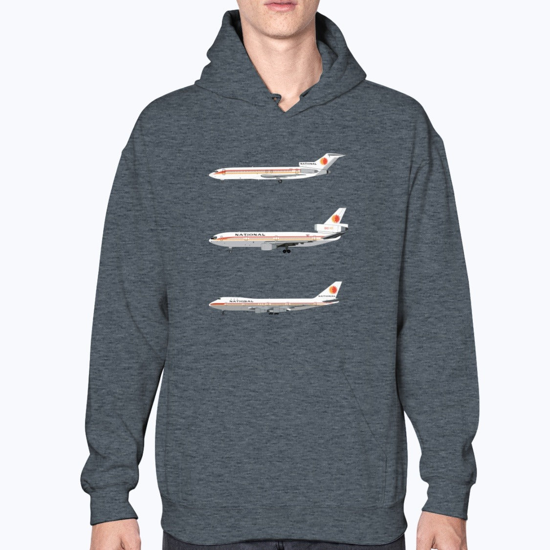 National Airlines B727, DC-10, B747-100 Unisex Hoodie - Dark Heather - Model