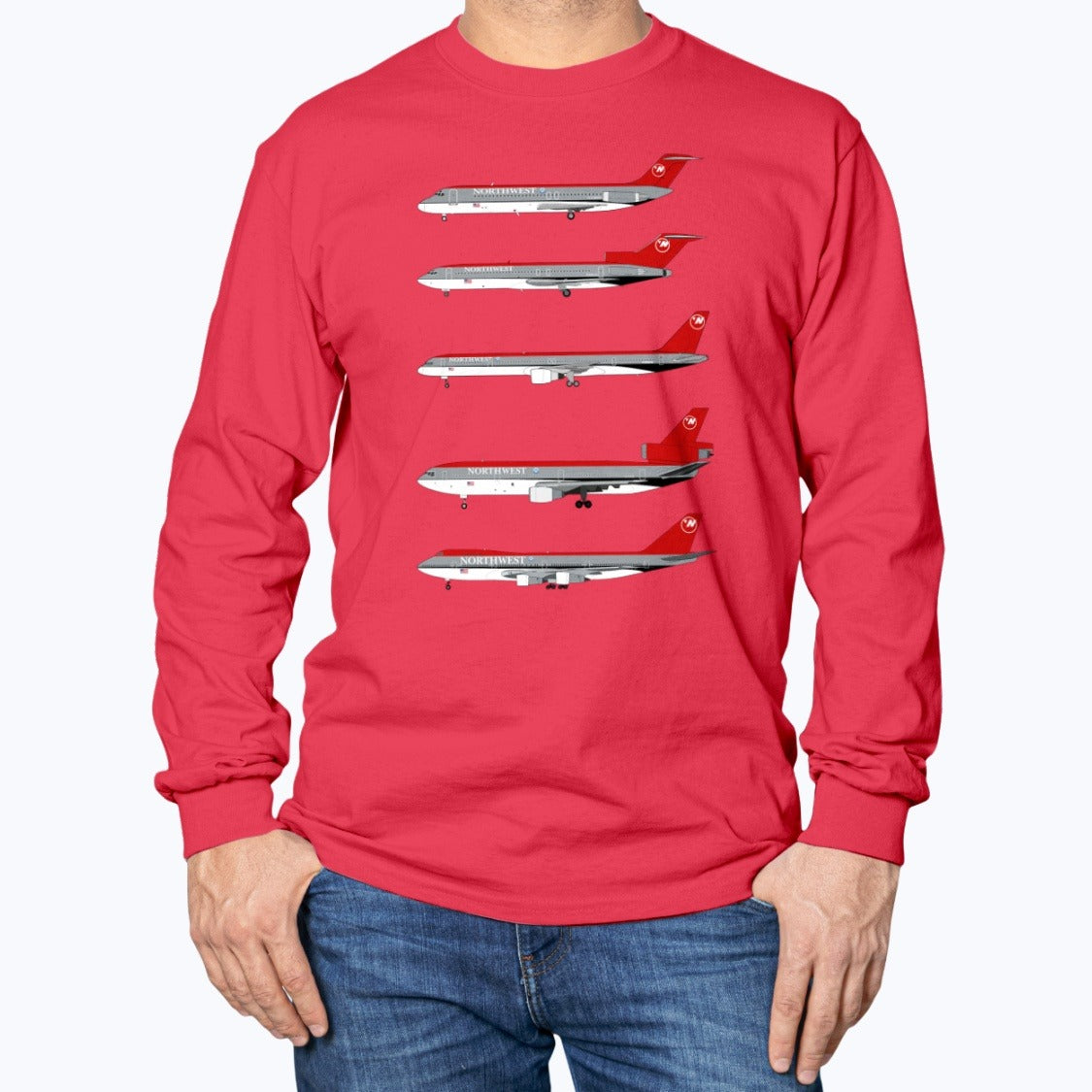 Northwest Airlines DC-9, B727, B757, DC-10, B747-200 Unisex Long Sleeve T-Shirt - Red - Model