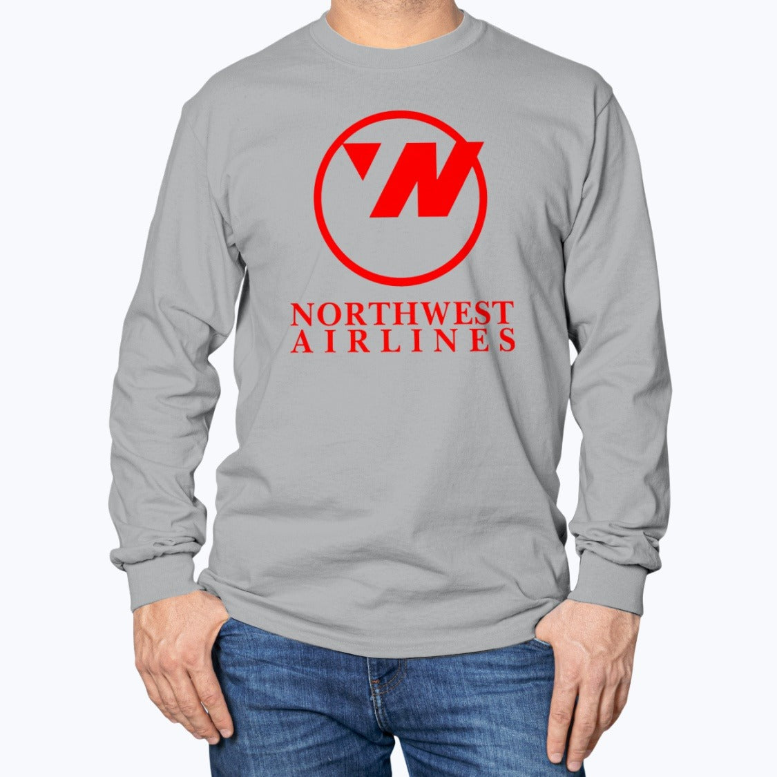 Northwest Airlines Unisex Long Sleeve T-Shirt - Sport Grey - Model