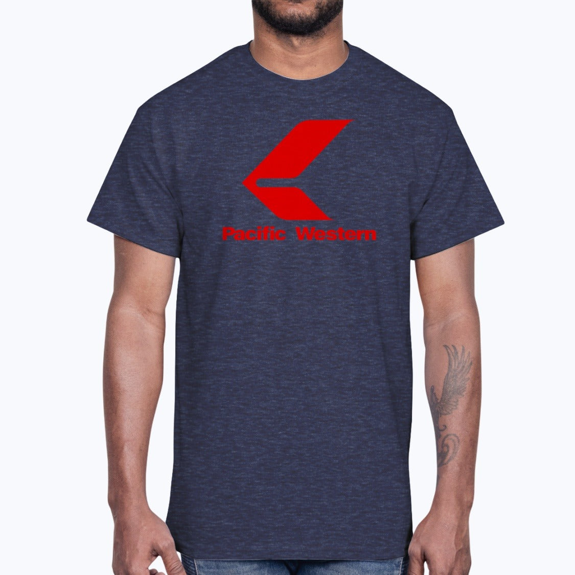 Pacific Western Airlines Unisex T-Shirt - Heather Navy - Model
