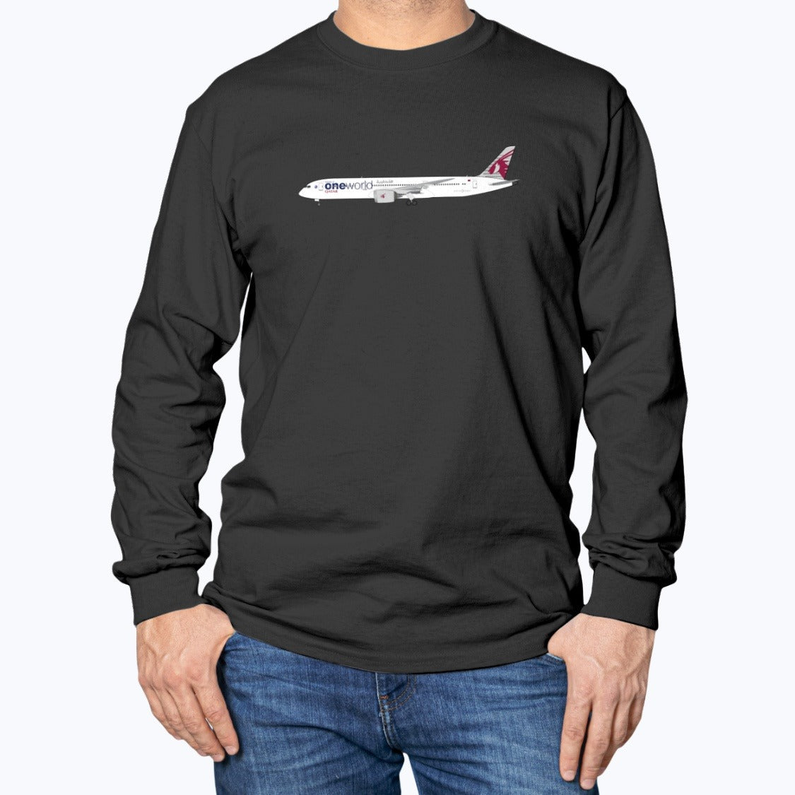 Qatar Airways B787 One World Unisex Long Sleeve T-Shirt - Black - Model