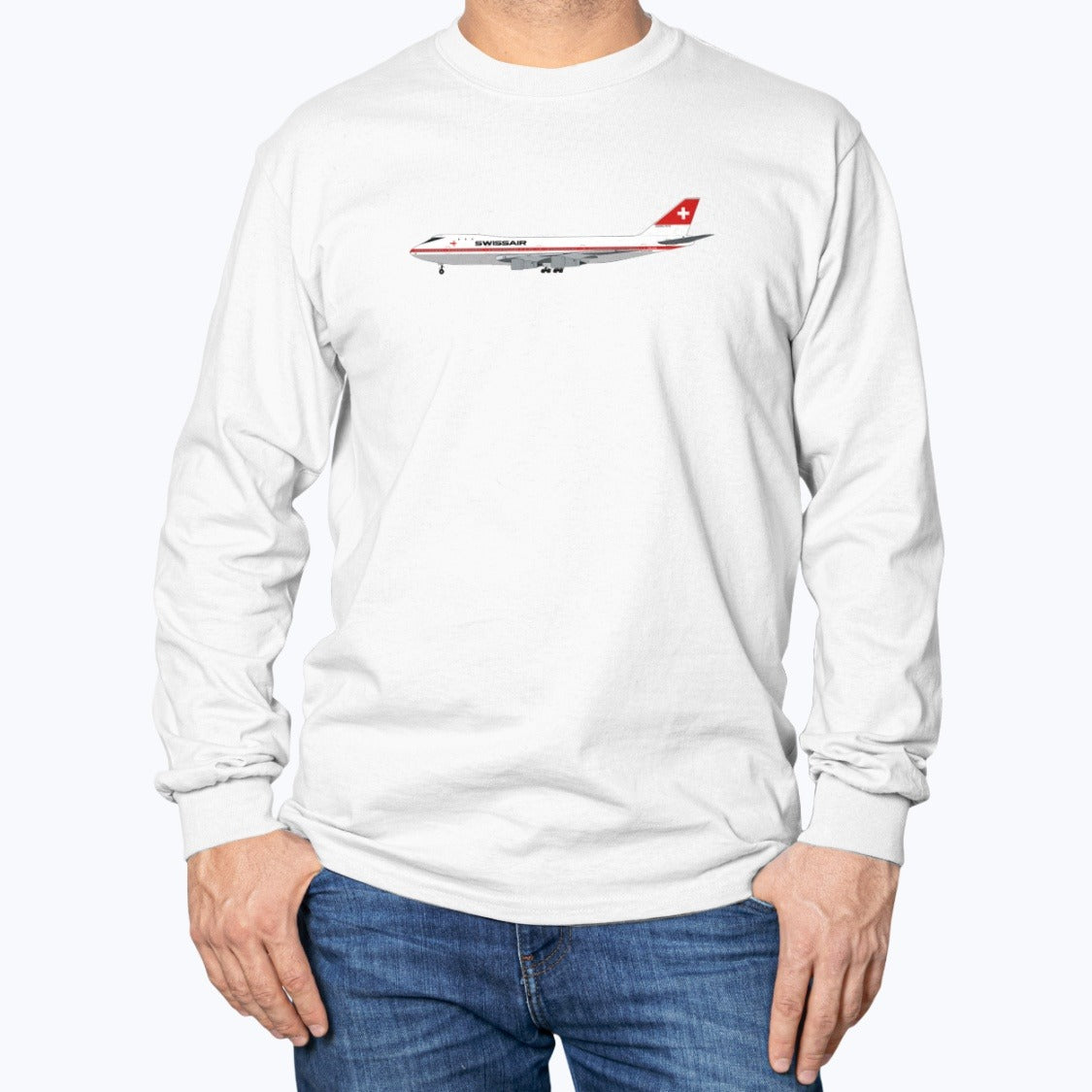 Swissair B747-200 Unisex Long Sleeve T-Shirt - White - Model