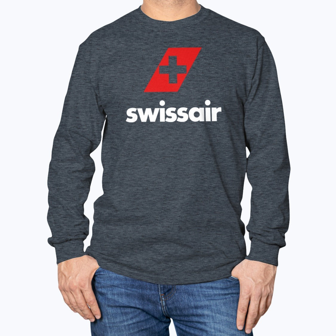 Swissair Unisex Long Sleeve T-Shirt - Dark Heather - Model