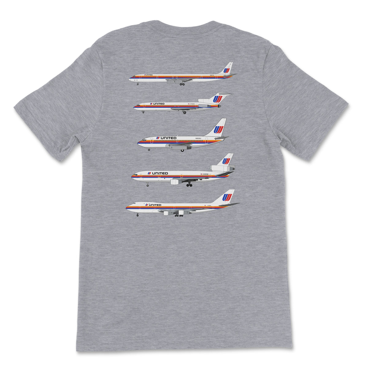 United Airlines DC-8, B727, B737, DC-10, B747 Unisex T-Shirt Printed On The Back - Athletic Heather