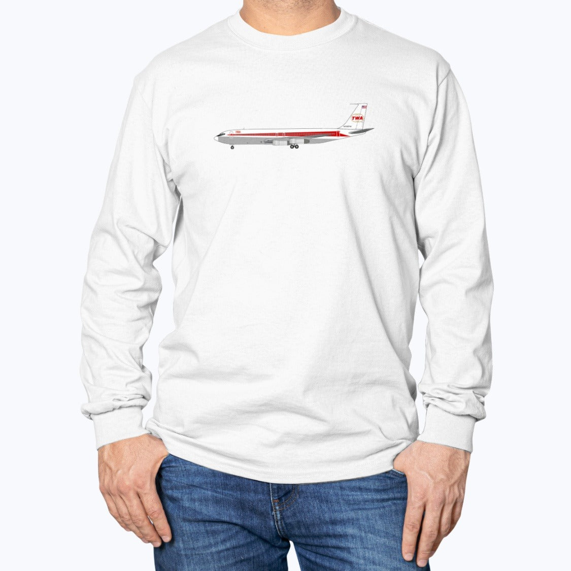 Trans World Airlines B707 Unisex Long Sleeve T-Shirt - White - Model