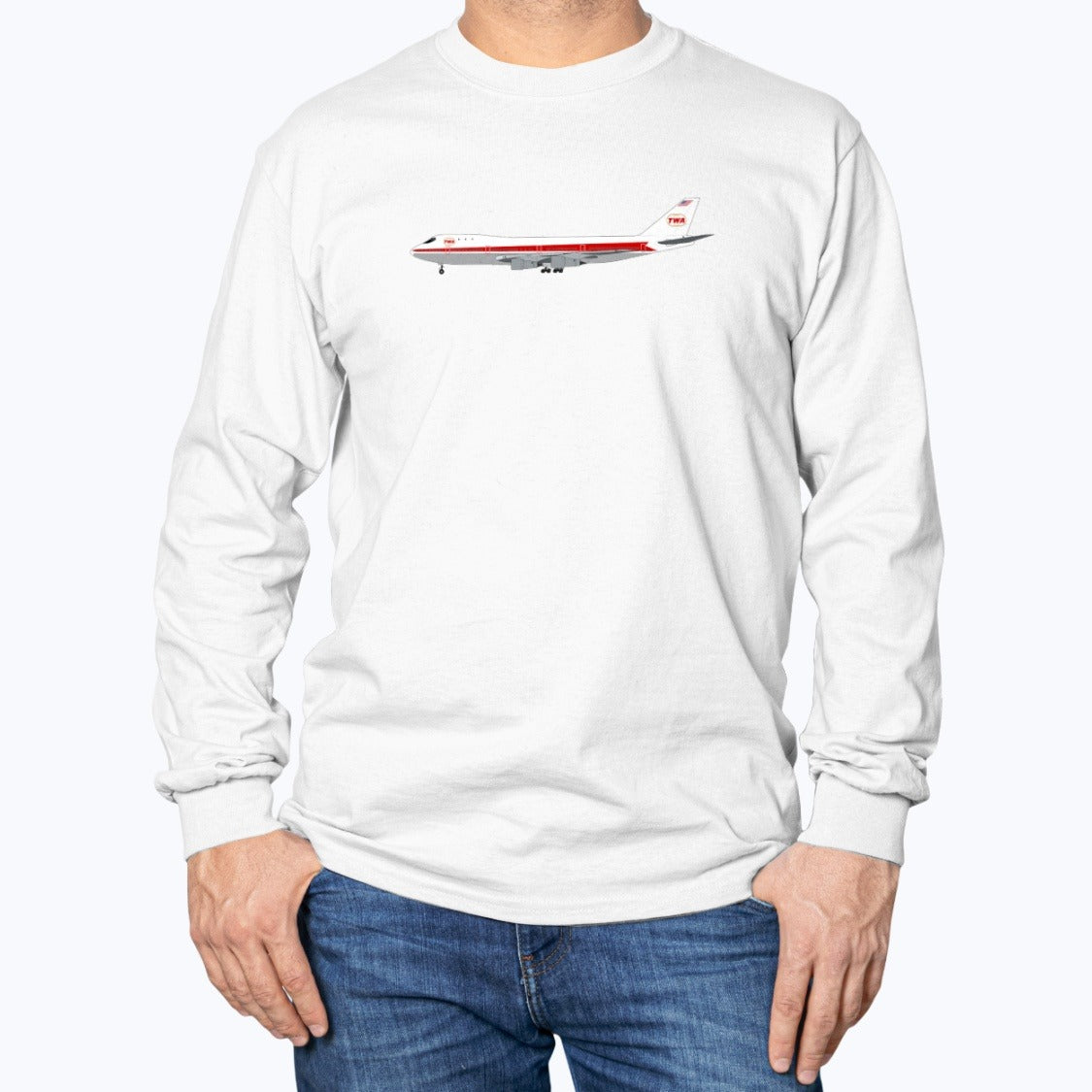 Trans World Airlines B747 Unisex Long Sleeve T-Shirt - White - Model