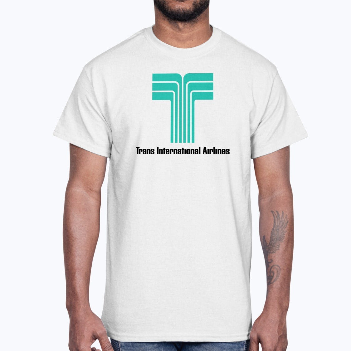 Trans International Airlines Unisex T-Shirt - White - Model