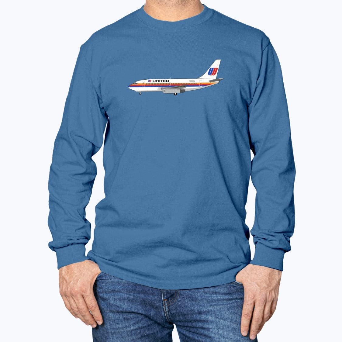 United Airlines B737-200 Unisex Long Sleeve T-Shirt - Royal Blue - Model
