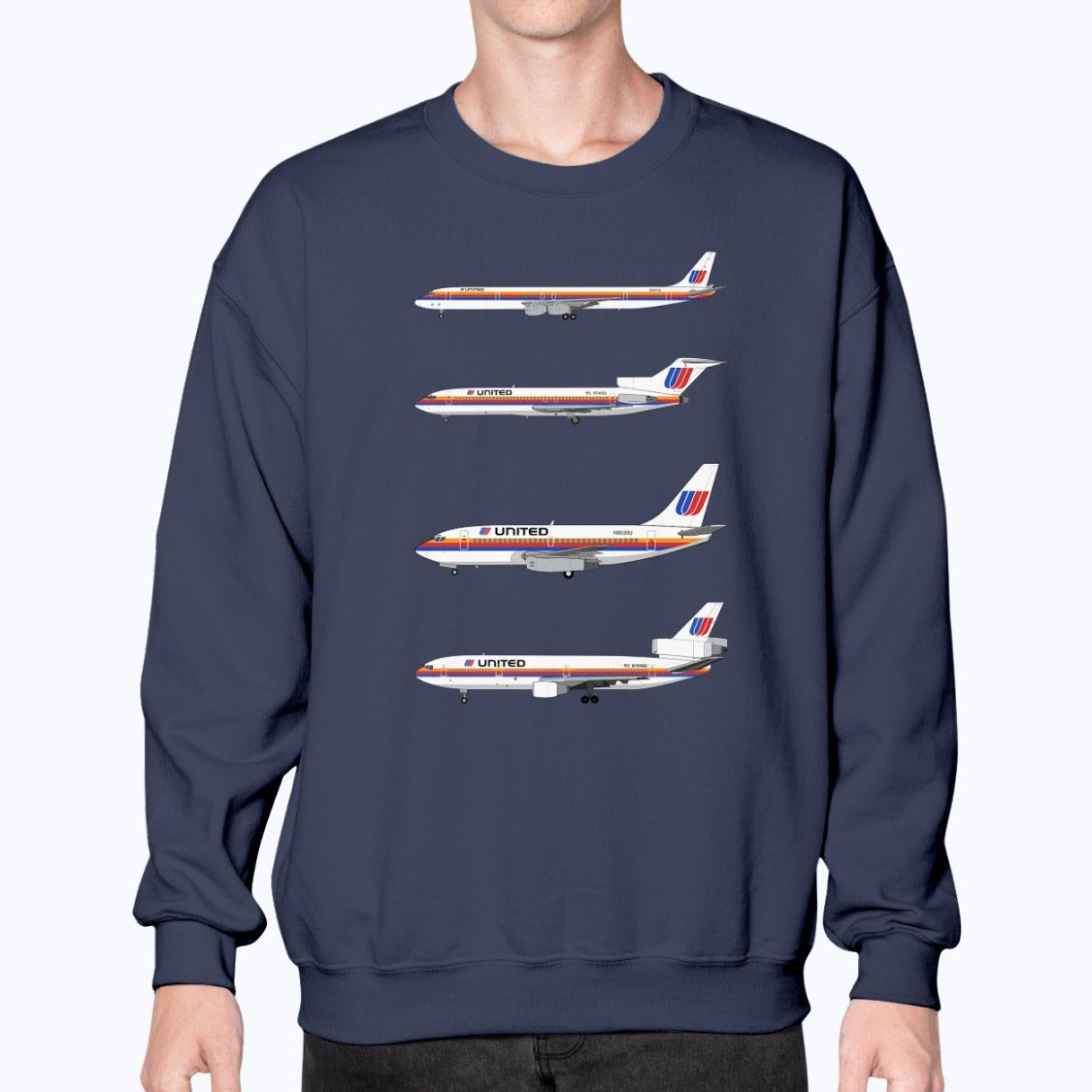 United Airlines DC-8, B727, B737-200, DC-10 Unisex Sweatshirt - Navy - Model