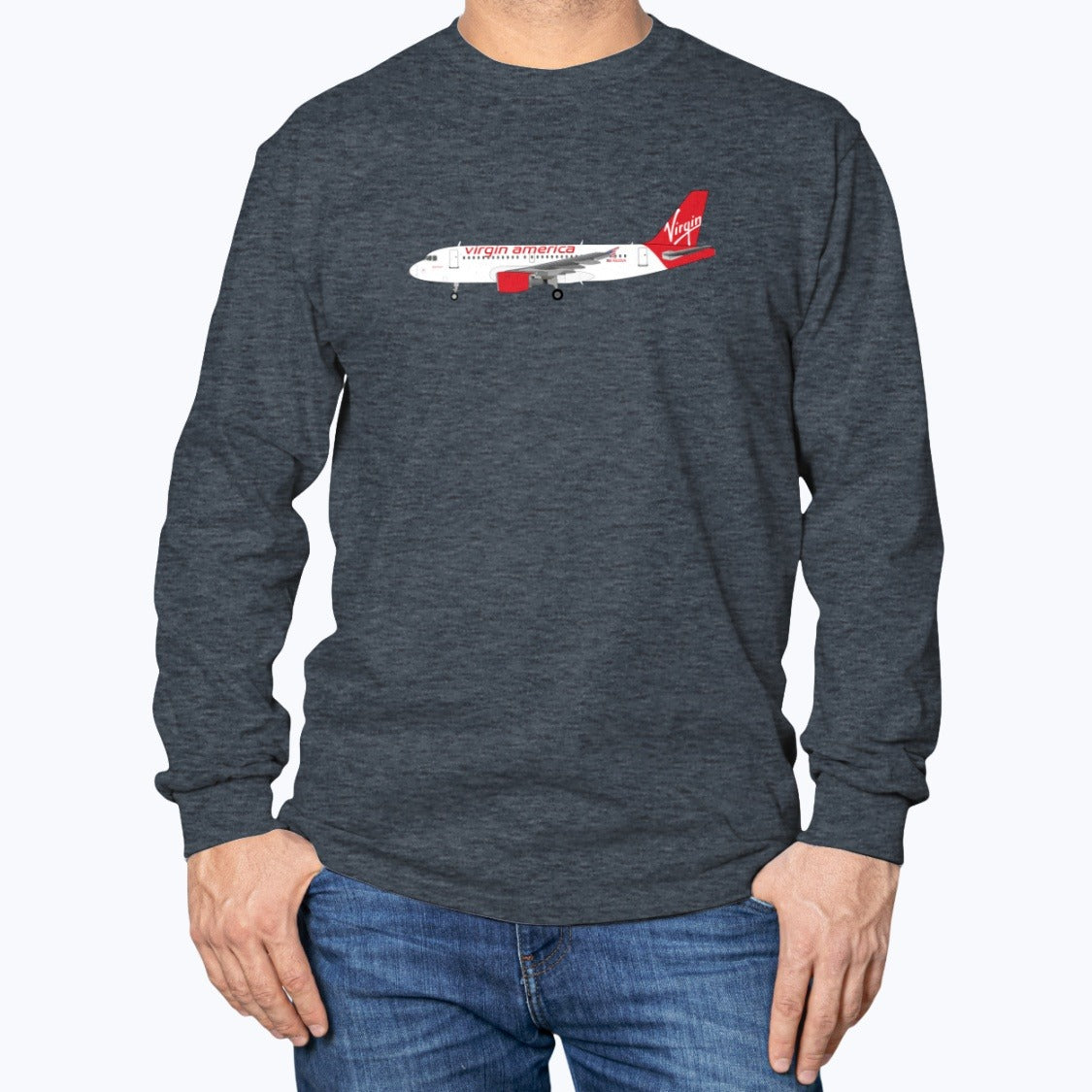 Virgin America A319 Unisex Long Sleeve T-Shirt - Dark Heather - Model