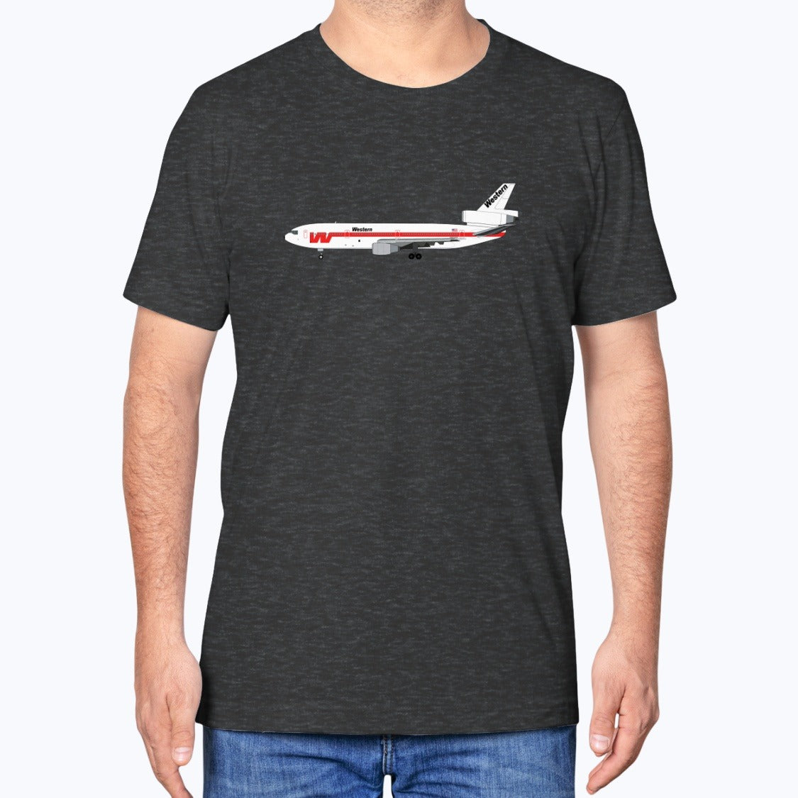 Western Airlines DC-10 Unisex T-Shirt - Dark Grey Heather - Model