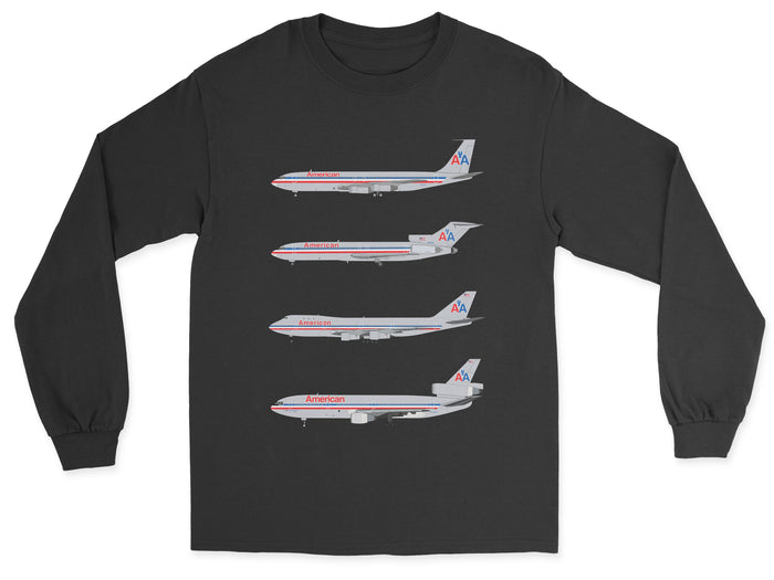 American Airlines B707, B727, B747, DC-10 Unisex Long Sleeve T-Shirt - Black