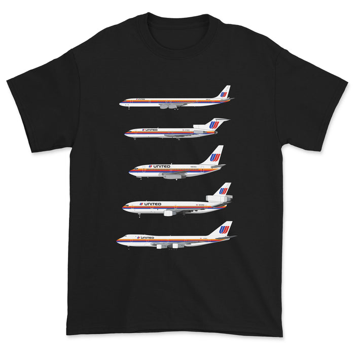 United Airlines DC-8, B727, B737, DC-10, B747 Unisex T-Shirt - Black