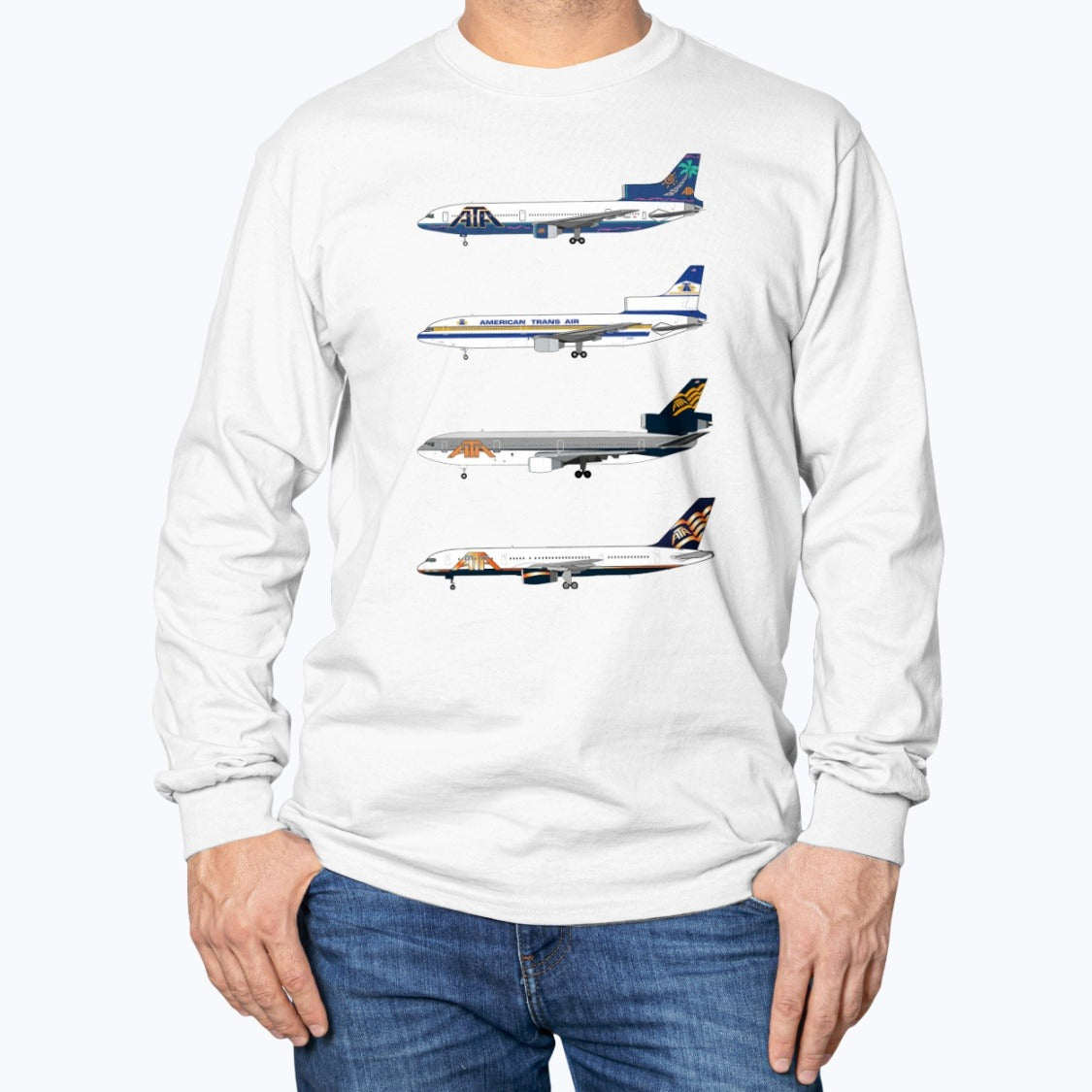 ATA Airlines L-1011, L-1011, DC-10, B757-200 Unisex Long Sleeve T-Shirt - White - Model