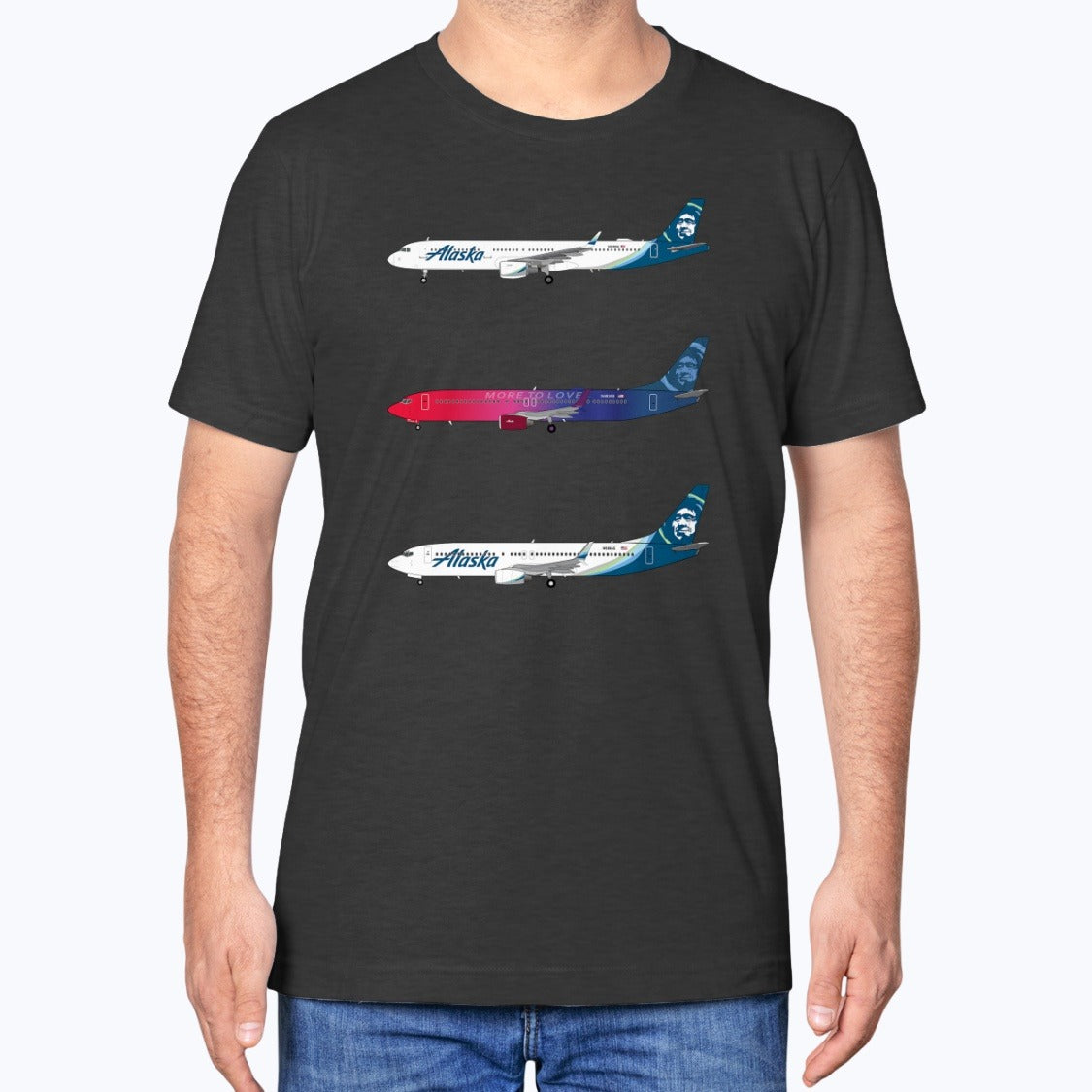 Alaska Airlines B737-800, B737-900ER, Airbus A321 Unisex T-Shirt - Black Heather - Model