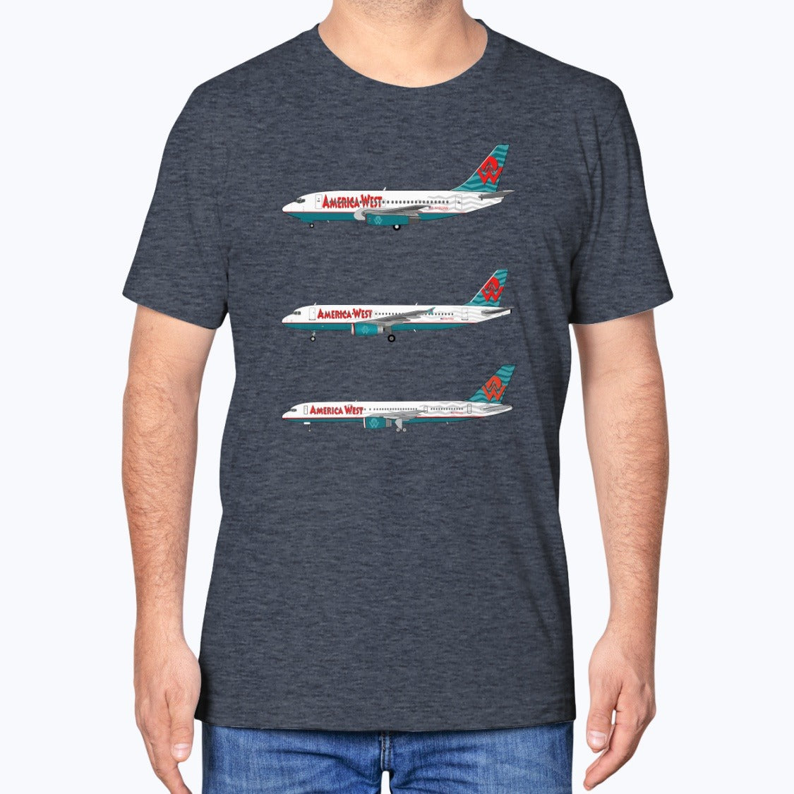 America West Airlines B737, A320, B757 Unisex T-Shirt - Heather Navy - Model