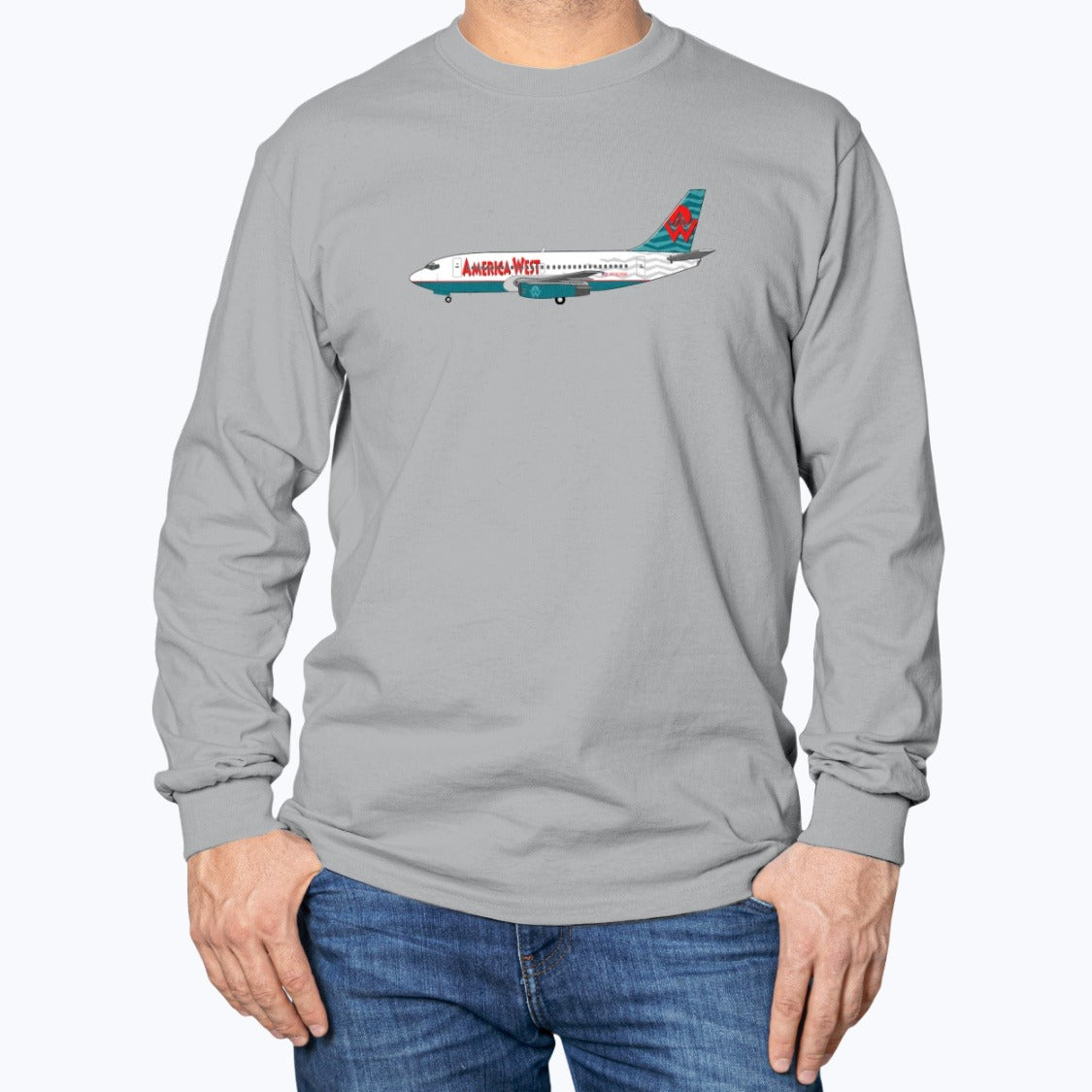 America West Airlines B737 Unisex Long Sleeve T-Shirt - Sport Grey - Model