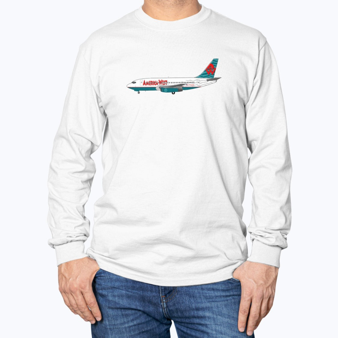 America West Airlines B737 Unisex Long Sleeve T-Shirt - White - Model