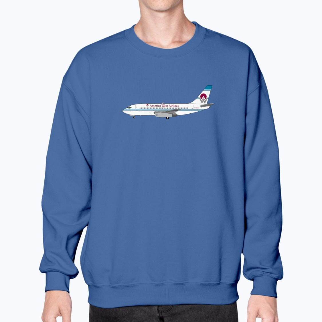 America West Airlines B737 Unisex Sweatshirt - Royal Blue - Model
