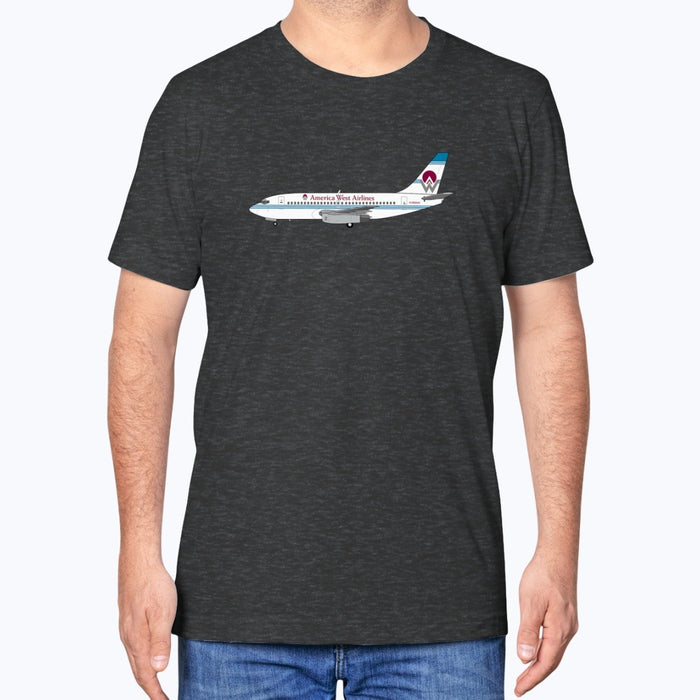 America West Airlines B737 Unisex T-Shirt - Dark Grey Heather - Model
