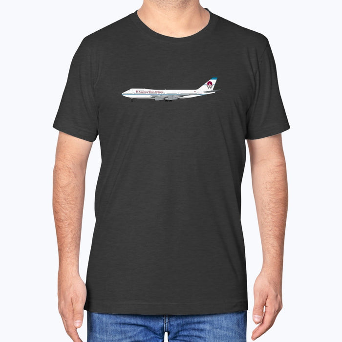 America West Airlines B747 Unisex T-Shirt - Black Heather - Model