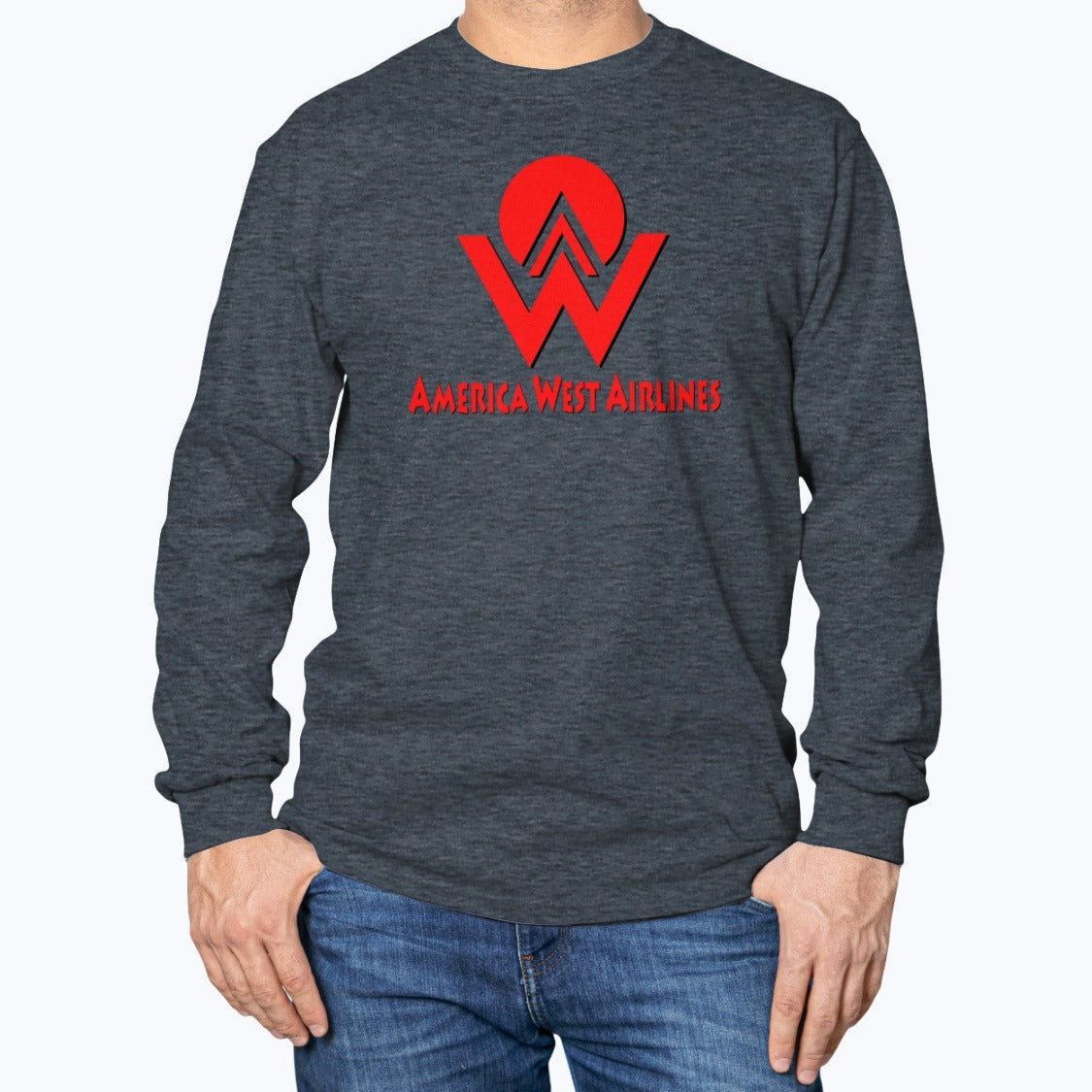 America West Airlines Unisex Long Sleeve T-Shirt - Dark Heather - Model
