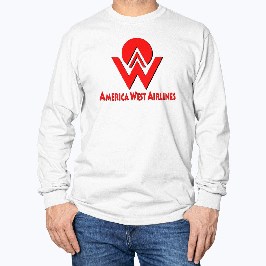 America West Airlines Unisex Long Sleeve T-Shirt - White - Model