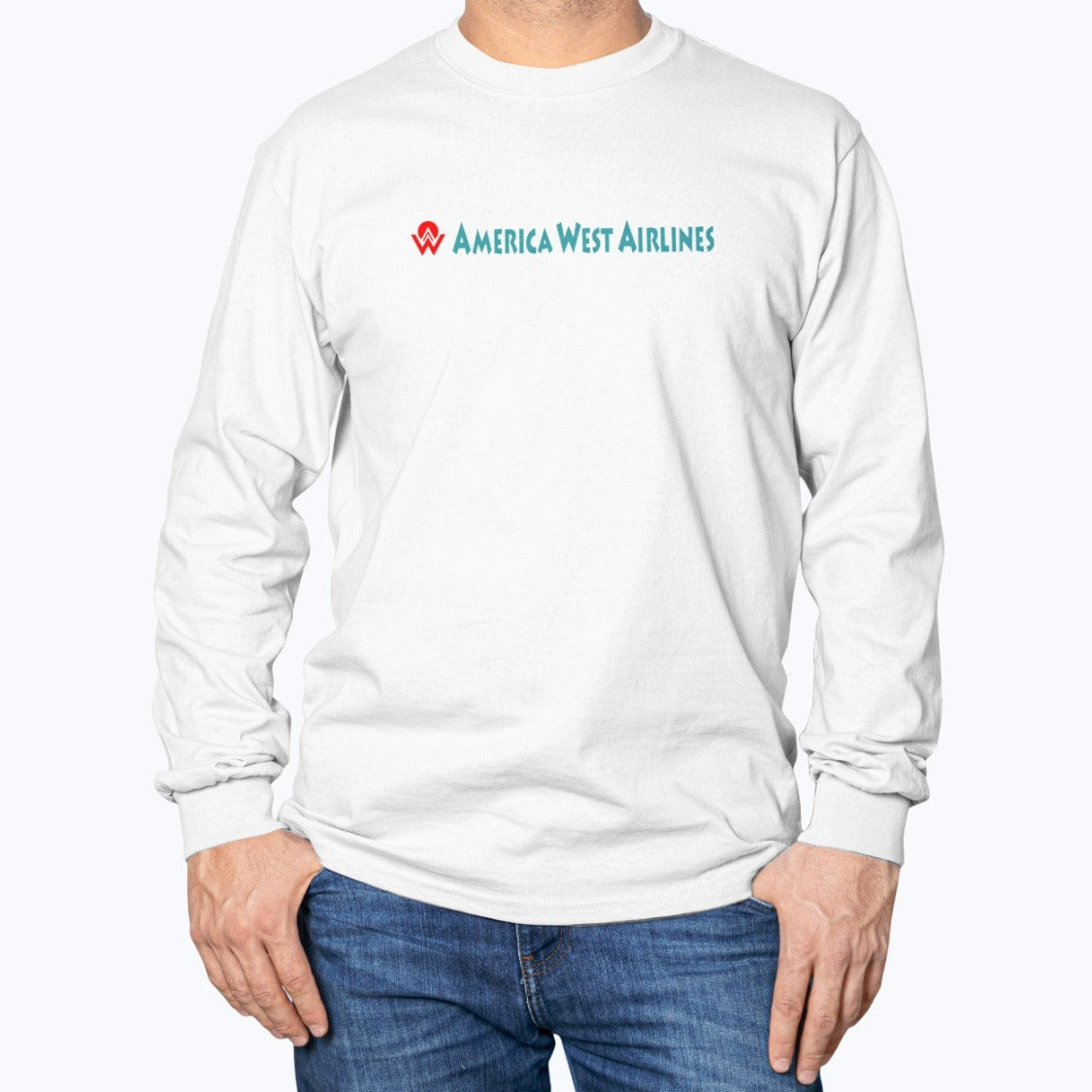 America West Airlines Unisex Long Sleeve T-Shirt - White - Model