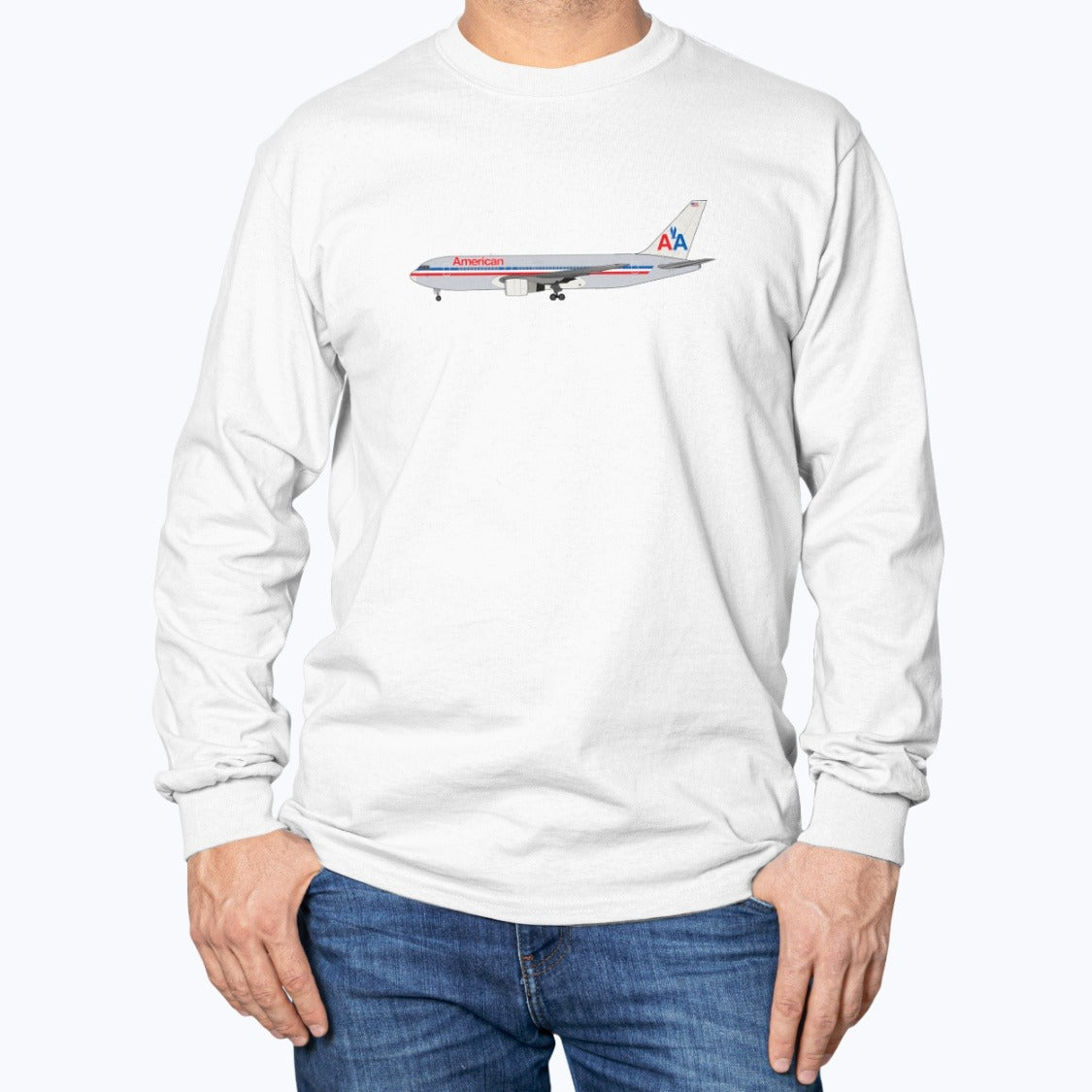 American Airlines B767-200 Unisex Long Sleeve T-Shirt - White - Model