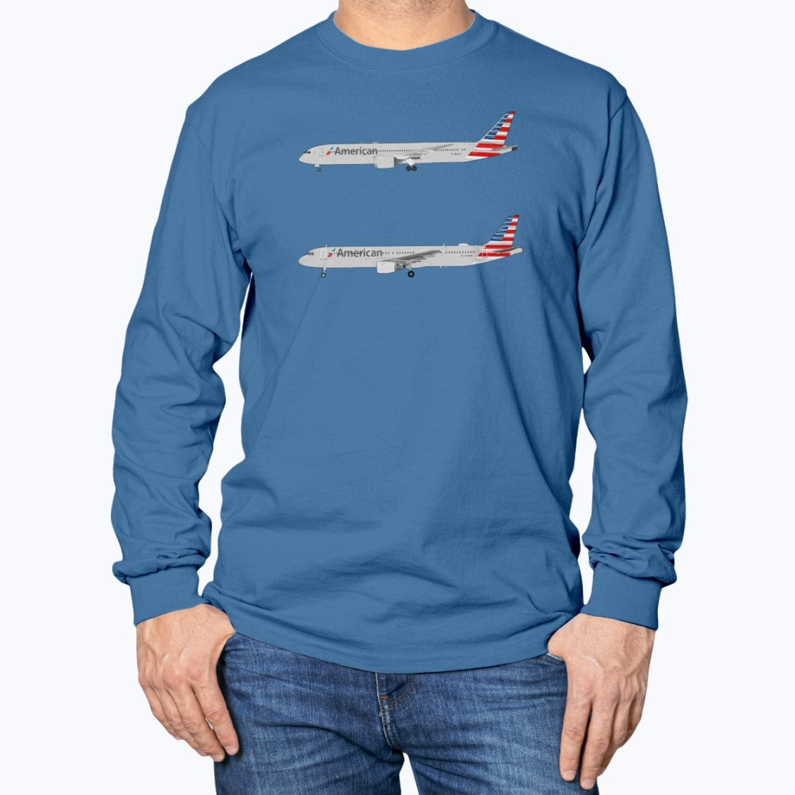 American Airlines B787, A321 Unisex Long Sleeve T-Shirt - Royal Blue - Model